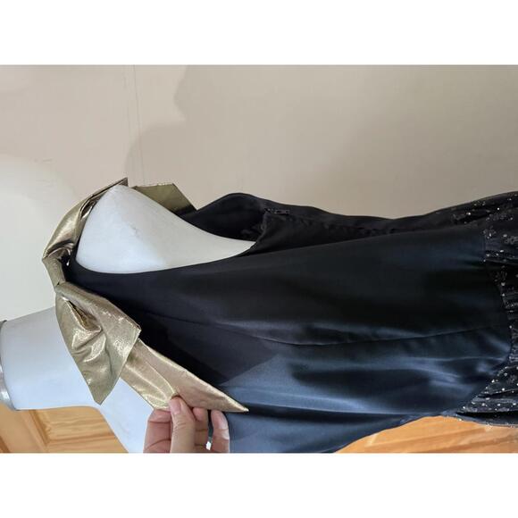 80s Trousers Up Vintage Elegant Black Dress Gold Metallic Bow Shoulder Detail - Picture 5 of 11